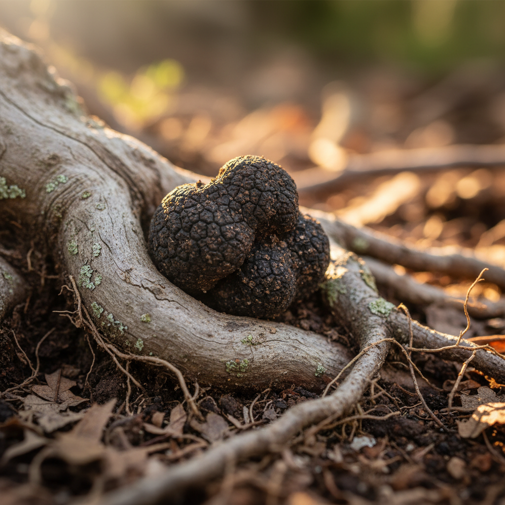 Highly detailed macro-style photograph of a freshly brushed black truffle resting against a weathered oak root, as if nestled into a natural cradle. The truffle’s surface is slightly moist, with fine grains of soil still clinging to the crevices, highlighting its organic origin. The oak root is pale gray-brown, with delicate fissures and tiny patches of lichen, suggesting great age. The surrounding ground is a mosaic of dark soil, tan leaf fragments, and thin, hairlike roots hinting at the forest’s underground network. Warm, low-angle evening light grazes across the scene, creating micro-shadows that emphasize texture and three-dimensionality. Shot from an extremely close, side-on perspective with ultra shallow depth of field, the background dissolves into a soft, abstract blend of earthy tones, conveying intimacy, precision, and respect for the ingredient.