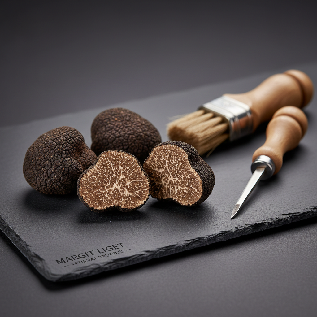 A refined, studio-style photographic composition featuring a small selection of pristine black truffles from Margit Liget displayed on a dark, matte slate slab.