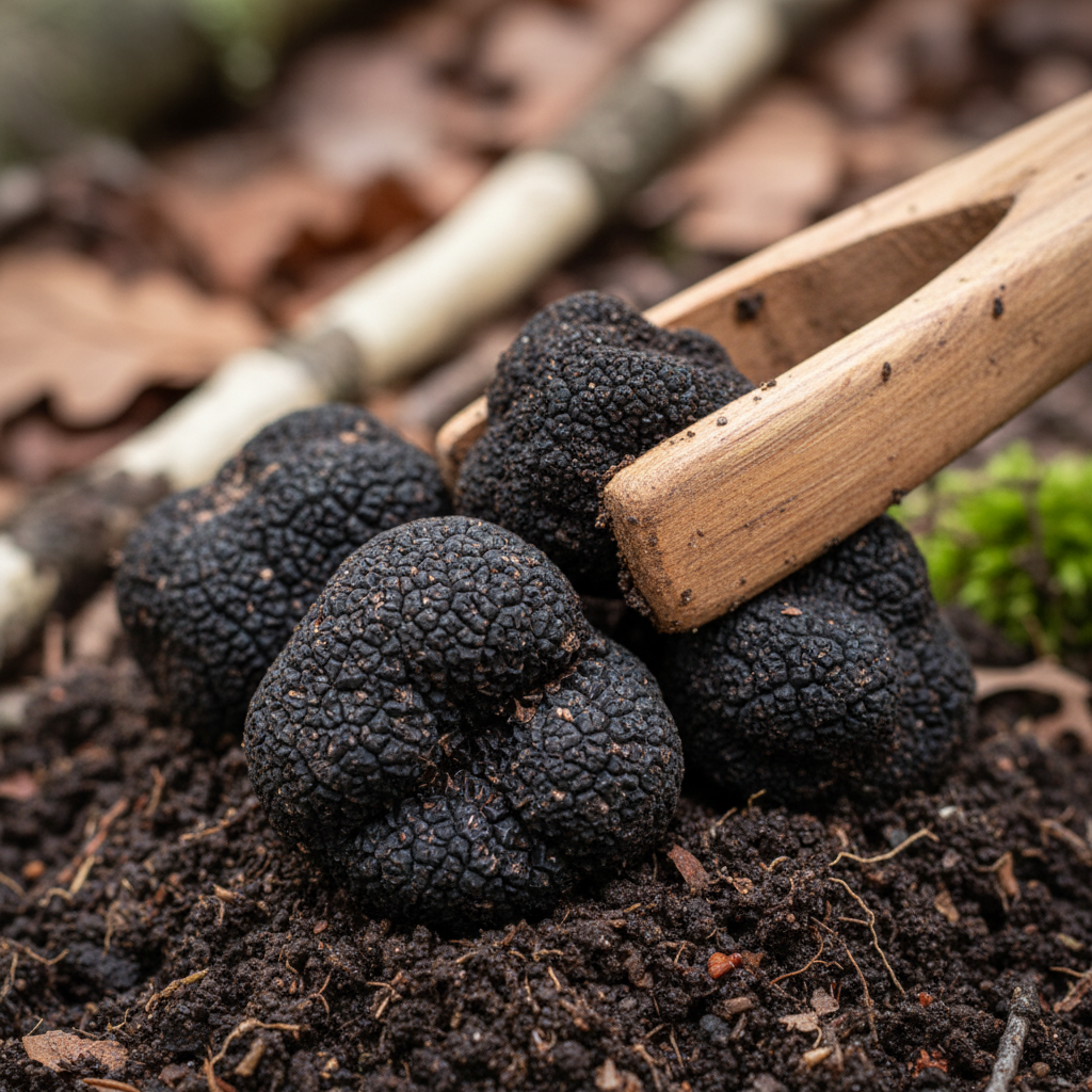A close-up photographic scene of freshly unearthed black truffles resting on a small mound of dark, crumbly forest soil, cradled in a pair of simple, earth-stained wooden tongs that suggest careful craftsmanship instead of hands. The truffles’ rough, knobbly texture and deep charcoal-black color contrast with the subtle reddish-brown leaves and pale oak roots visible in the background. Soft, diffused overcast light from above reveals every fine detail on the truffle surface, creating gentle highlights without harsh reflections. Shot from a slightly elevated macro perspective with very shallow depth of field, the foreground truffle is pin-sharp while the forest floor behind melts into a refined, creamy bokeh. The overall mood is luxurious yet grounded, emphasizing purity and authenticity.