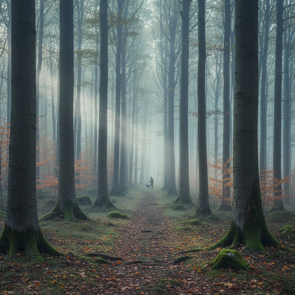 A wide, cinematic photograph of Margit Liget as a slow-growing oak truffle forest, captured on a misty autumn morning. The frame shows a subtle path winding between tall, straight and ancient oaks, some with roots visibly breaking the surface like weathered sculptures. Patches of soft moss, scattered leaves, and small clearings suggest the hidden life of truffles beneath. In the distance, a truffle dog and its handler are abstracted into a single soft silhouette, kept minimal and non-detailed to avoid focus on people while still hinting at human presence. Cool, silvery light diffuses through the fog, with faint sunbeams adding depth between the trunks. Taken from a low, wide-angle perspective, the composition leads the eye slowly into the forest, creating an atmosphere of patience, purity, and quiet discovery.