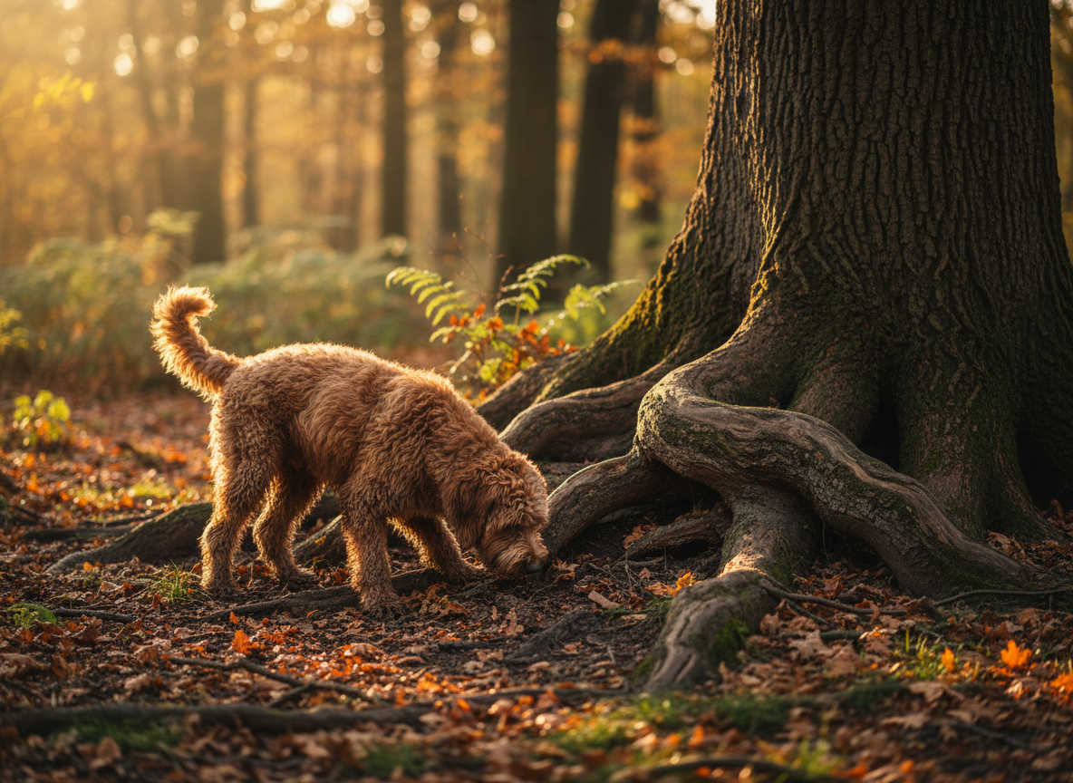 An elegant, cinematic photograph of a truffle dog at work in Margit Liget, captured in mid-sniff beside an old oak tree whose gnarled roots emerge from the soil like ancient sculpture. The dog is seen from a low side angle, focused on the ground, its fur slightly damp and speckled with earth, conveying dedication and quiet energy. The surrounding forest floor is scattered with oak leaves, tiny plants, and fragments of bark, suggesting a rich underground ecosystem. Late afternoon light filters through the trees, creating a warm, golden rim around the dog and subtle shadows around the roots. The composition follows the rule of thirds, with the dog in the foreground and the oak trunk rising softly out of focus. The atmosphere is tranquil, disciplined, and subtly noble.