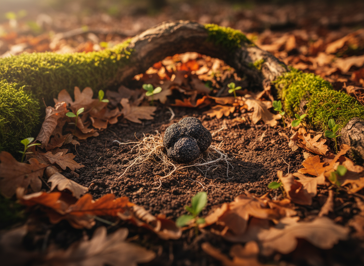 Photographic close-up of the forest floor beneath a mature oak in Margit Liget, composed like a fine still life. In the center, a small section of soil has been carefully brushed back, revealing the edge of a black truffle nestled among delicate roots and fine white fungal threads. Surrounding this are fallen oak leaves in shades of bronze and deep brown, tiny green seedlings, and patches of moist moss clinging to a protruding root. Soft side lighting from low afternoon sun grazes across the textures, accentuating every ridge of the truffle and every grain of earth while casting gentle, elongated shadows. Shot from a very low, intimate angle with moderate depth of field, the image feels like a secret window into the underground alliance between tree, fungus, and soil, with a refined, contemplative mood.