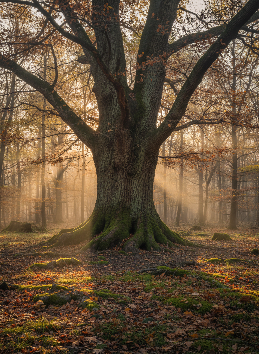 Photographic realism of an ancient Hungarian oak grove at dawn, the focus on a single majestic oak with deeply furrowed bark and exposed roots twisting into the dark, rich soil. At the base of the tree, the forest floor is carpeted with damp leaves, moss, and tiny mushrooms, subtly hinting at the hidden truffles below. Soft golden morning light filters through a light mist and the sparse canopy, creating gentle rays and long, elegant shadows. Shot at eye level with a slight upward tilt, the composition uses the rule of thirds to place the oak off-center, emphasizing its age and serenity. The mood is sophisticated, calm, and almost reverent, highlighting the quiet, slow-growing character of Margit Liget.