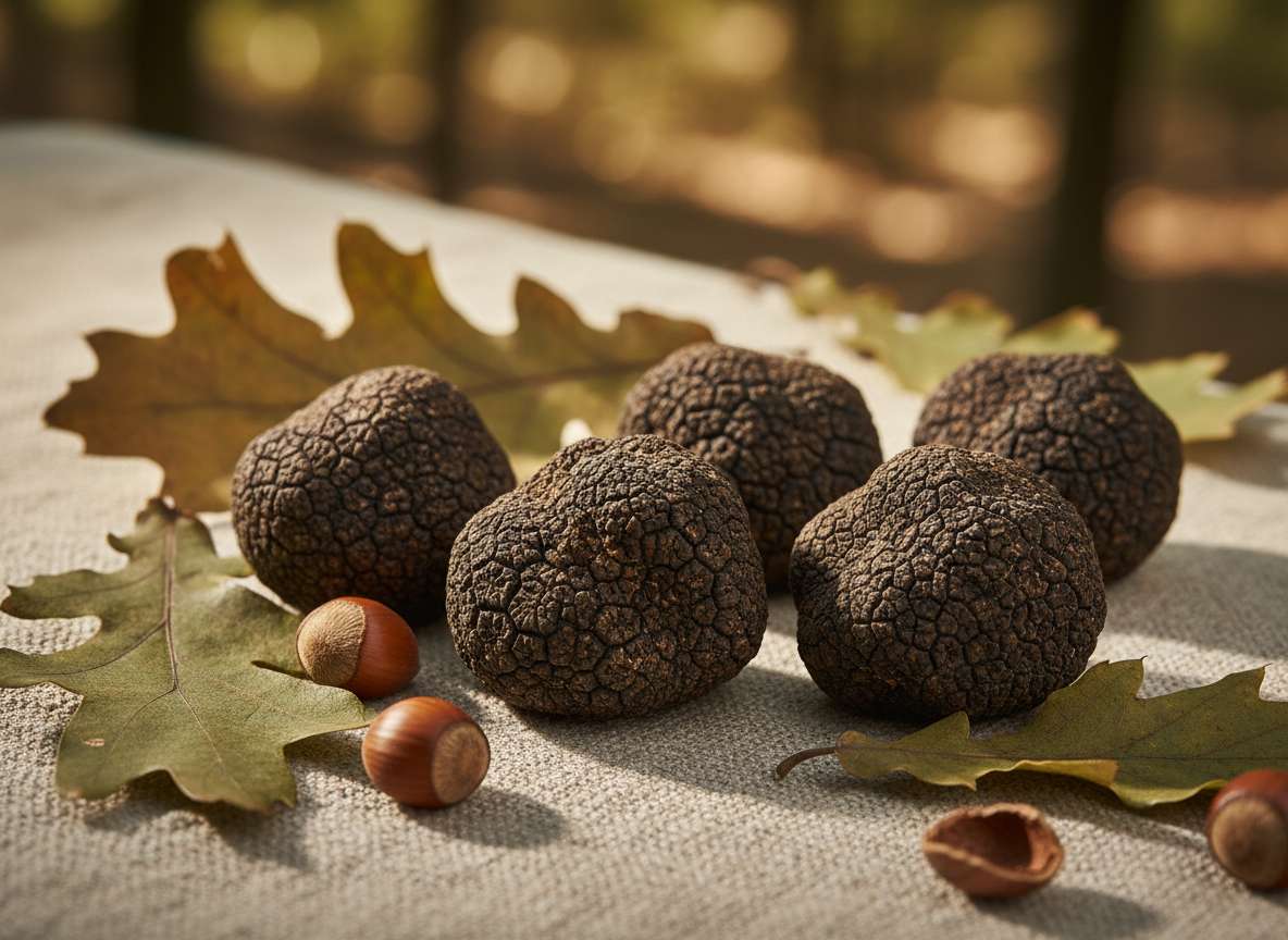 Photographic realism of freshly harvested summer truffles (Tuber aestivum) on a rustic linen cloth, surrounded by oak leaves and a few hazelnuts. The truffles display their characteristic black, warty exterior. Soft, diffused natural daylight from the side reveals the rough texture of the truffle surface. The mood is warm, summery, and refined — evoking a sun-dappled forest floor in July. Shot from a slightly elevated angle with shallow depth of field, muted earth tones throughout.