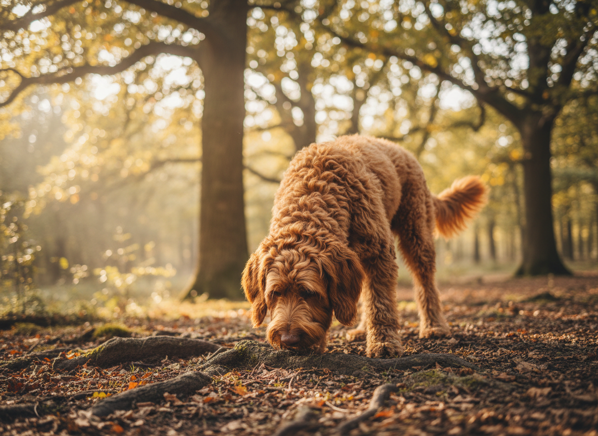 Lagotto Romagnolo kutya szarvasgomba keresés közben tölgyesben